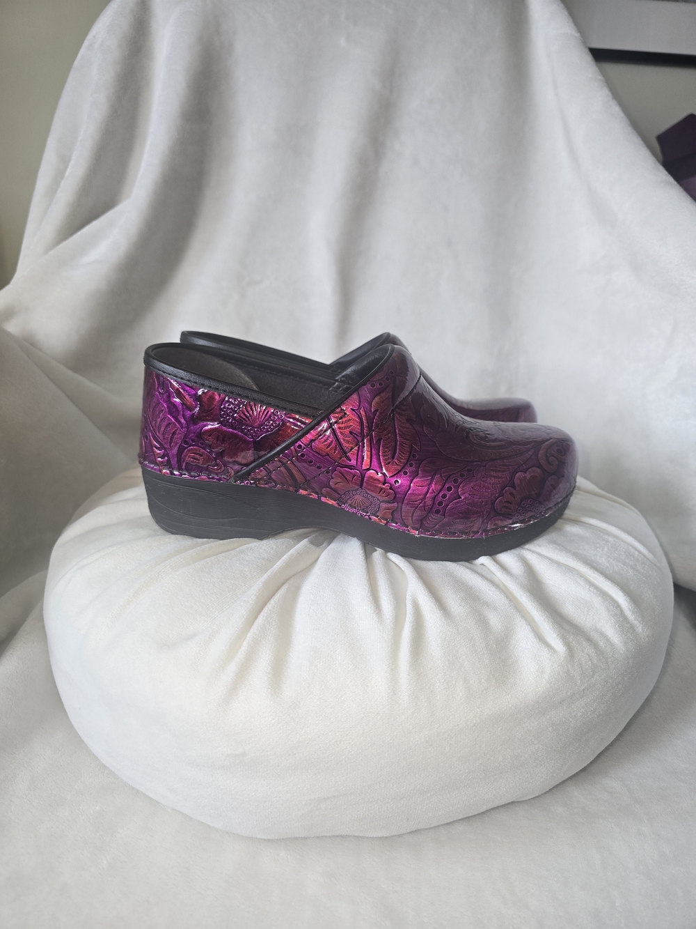 Dansko Metallic Fuchsia Purple Floral-Embossed Clogs
